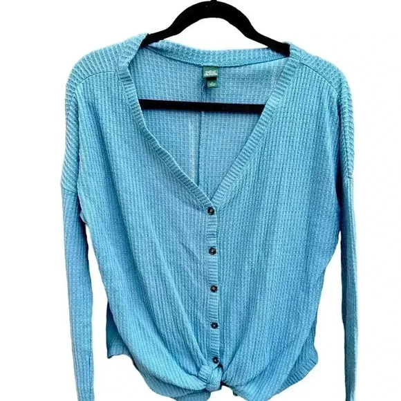 Wild Fable Waffle Knit Top Button Down Tie Front Long Sleeve Blue Size S - Picture 1 of 5